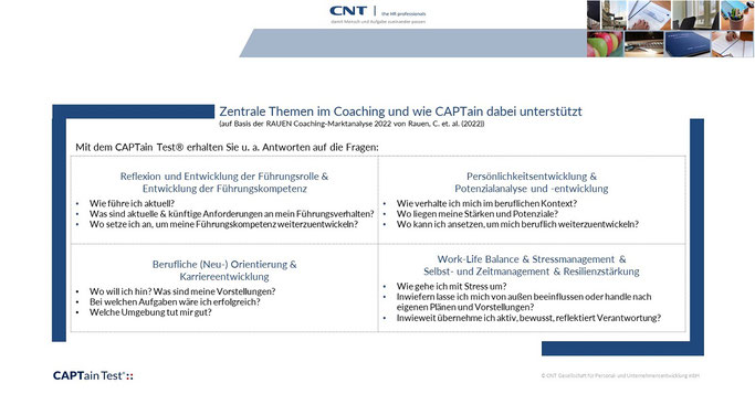 Themen im Coaching: Bei zahlreichen Coaching-Themen können wir Sie mit dem CAPTain Test® unterstützen. Mit dem CAPTain Test® erhalten Sie u. a. Antworten bei den Themen: Reflexion & Entwicklung der Führungsrolle oder Potenzialanalyse & -entwicklung