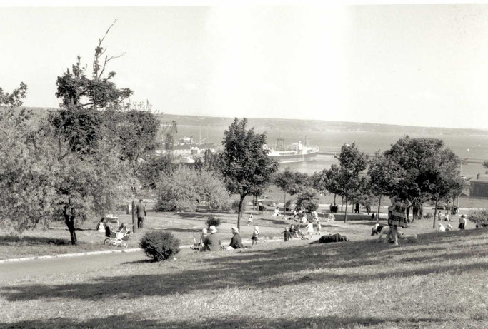 Familles brestoises profitant du beau temps en ce mois de mai 1961 sur les pelouses du jardin Salaün-Penquer au-dessus du port de commerce / Archives de Brest métropole