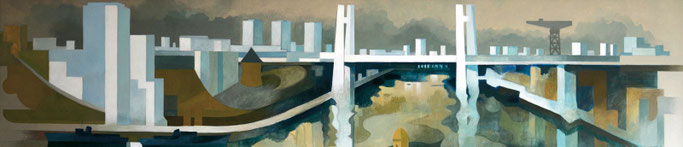 Pierre Péron, "Brest 1970, le triomphe de la ville cubique", huile sur toile, 1971 (détail)