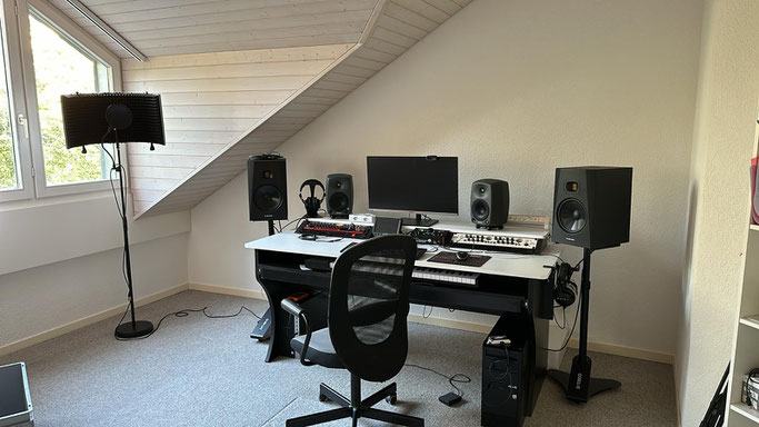 Homestudio für Recording und Mix (Postproduktion) am Girixweg, mit Mikrofon für Sprachaufnahmen und Mischpult für Recording, Mixing, Mastering