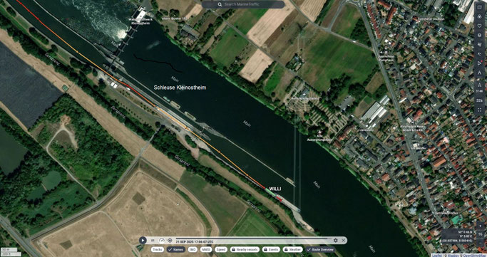 WILLI übernachtet im Oberwasser der Schleuse Kleinostheim (© MarineTraffic)