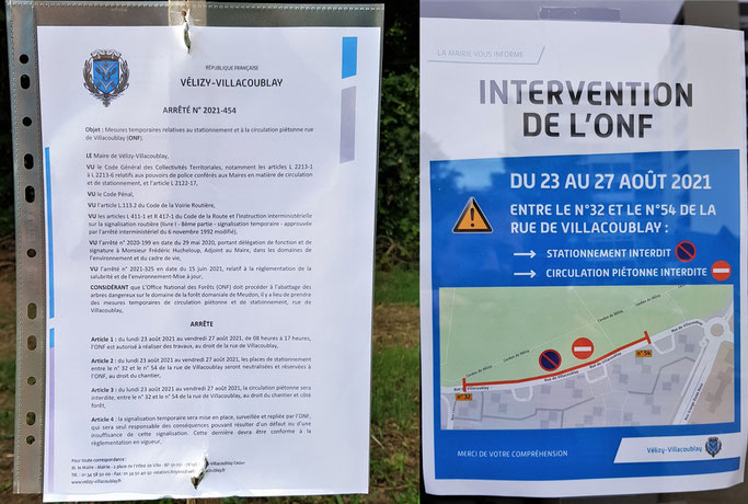 Arrêté municipal de la ville de Vélizy-Villacoublay informant de l'abattage d'arbres en forêt de Meudon.