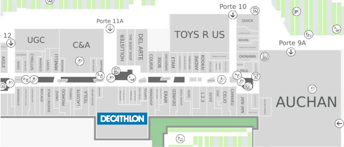 Localisation du magasin Decathlon du centre commercial de Vélizy2.