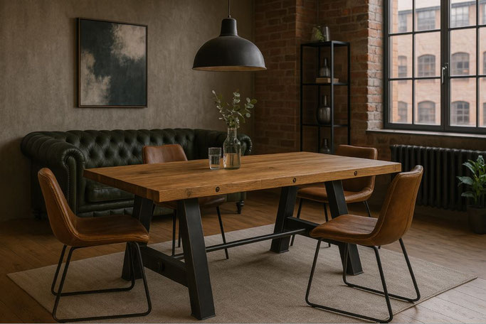 Esstisch Luigi aus massiver Eiche mit eingelassenen Stahlbolzen, schwarzem A-Gestell und Querverstrebung im Industrial Design, handgefertigt und individuell nach Maß.