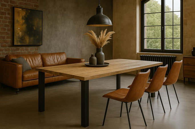 Esstisch Jacopo aus heller Eiche mit feiner Tischplatte und filigranem, außenstehendem Gestell aus schwarzem Quadratrohr im modernen Industrial Design, handgefertigt