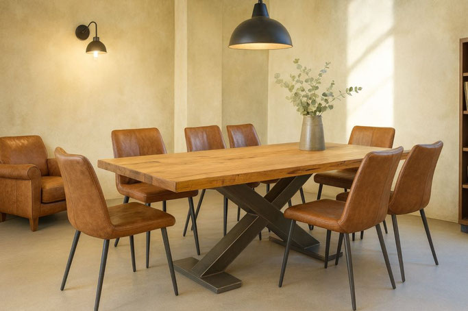 Esstisch Alessio aus massiver Eiche mit Mittelfuß-Kreuzgestell aus Stahl im Industrial Design, handgefertigt mit viel Beinfreiheit in modernem Loft-Ambiente