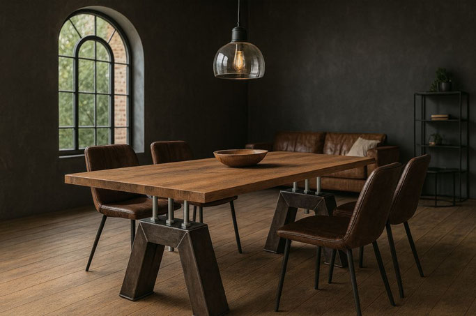 Esstisch Leandro aus massiver Eiche mit Gewindebolzen-Befestigung und markantem trapezförmigem Gestell aus Rohstahl im Industrial Design, handgefertigt und individuell nach Maß