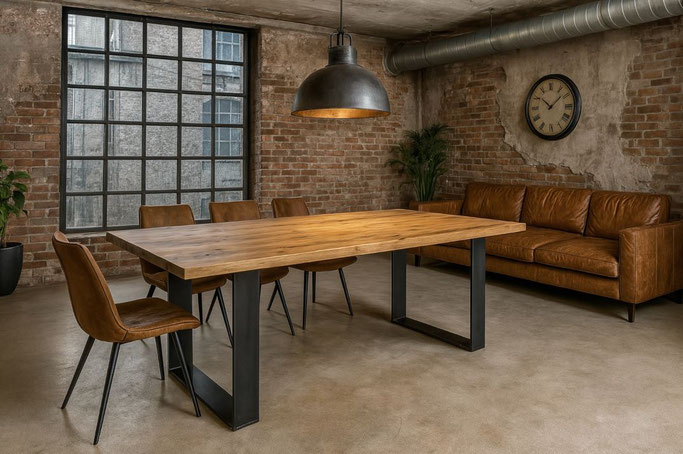 Esstisch Nevio aus massiver Eiche mit natürlicher Maserung und schwarzem U-Gestell aus Flachstahl im modernen Industrial Design, handgefertigt und individuell nach Maß