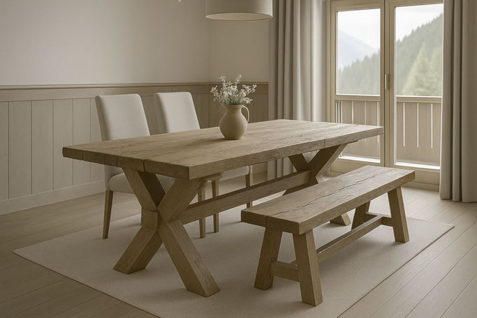 Esstisch Rocco aus antiker Eiche, grau patiniert, mit Kreuzgestell und Querbalken im Chalet-Stil