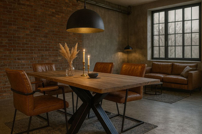 Esstisch Enzo aus massiver Eiche mit Baumkante und schwarzem Spider-Gestell aus Stahl im Industrial Design, handgefertigt mit markanter Holzstruktu