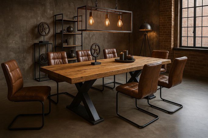 Industriedesign-Esstisch mit X-Gestell aus rustikaler Eiche im Factory-Loft mit Backsteinwand – inspirierende Wohnidee