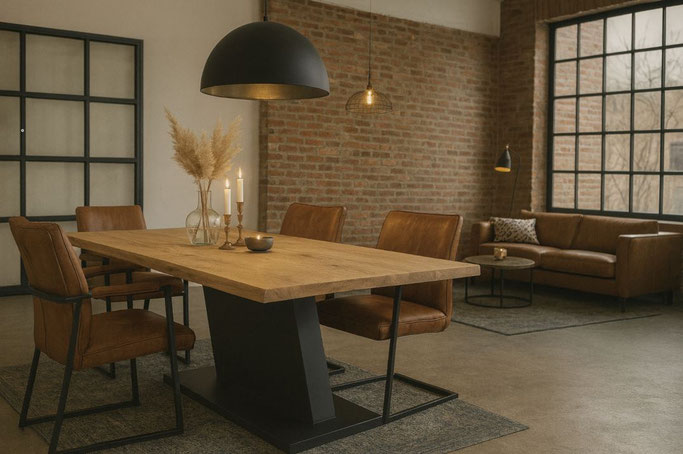 Esstisch Alessandro aus massiver Eiche mit Baumkante und Z-Mittelfußgestell aus schwarzem Stahl im Industrial Design, handgefertigt mit viel Beinfreiheit und charaktervoller Holzstruktur