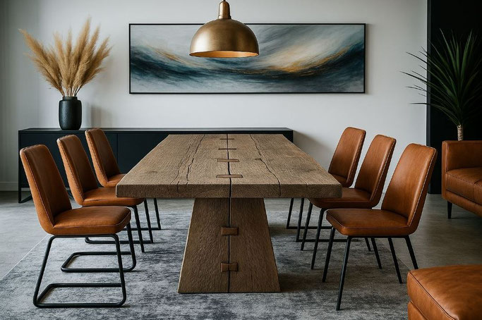 Esstisch Nando aus massiver Balkeneiche mit Schwalbenschwanzverbindern und gefräster Baumkante in modernem Esszimmer