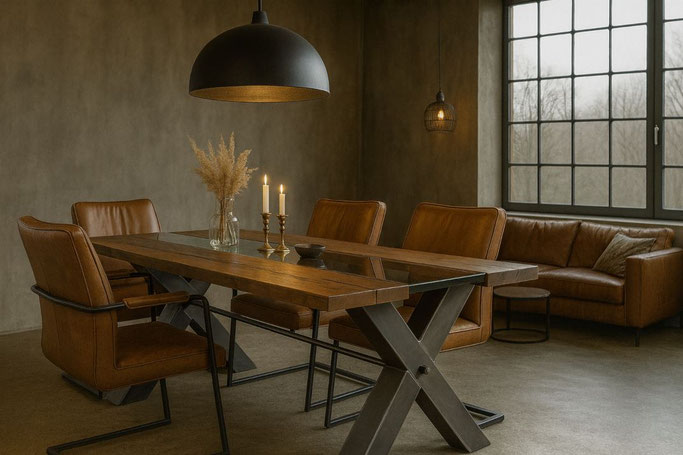 Esstisch Giovanni aus massiven Eichenbohlen mit mittiger Glaseinlage und schwarzem X-Gestell aus Stahl im Industrial Design, handgefertigt und charakterstark