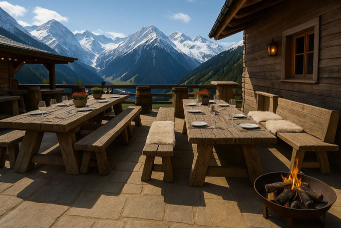 Terrassentische und Holzbänke aus Altholz im Berggasthaus im Engadin mit Aussicht auf die Alpen – echtes Schweiz-Gefühl