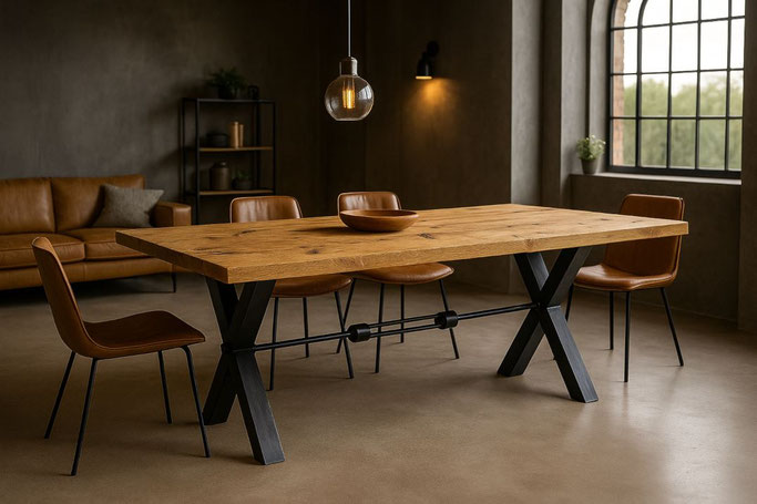 Esstisch Lorenzo aus massiver Eiche mit markantem X-Gestell und durchgehender Stahlverbindung im Industrial Design, handgefertigt und individuell nach Maß
