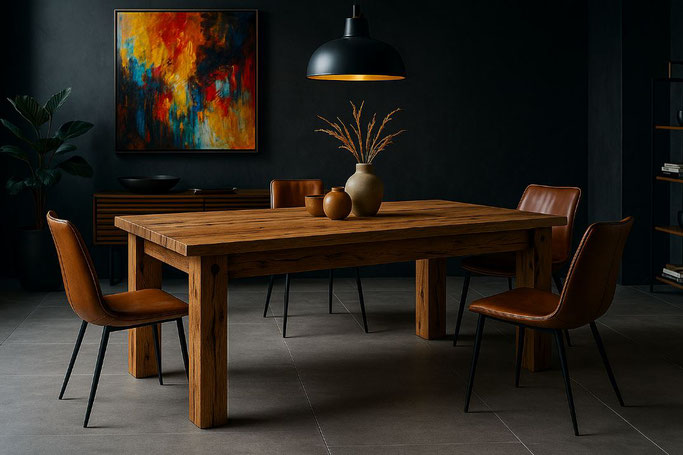 Rustikaler Massivholztisch Angelo aus Wildeiche mit Stahlbolzen – modern & stabil – großes Produktbild