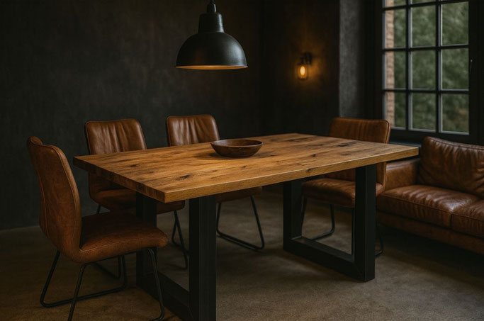 Esstisch Lauro aus massiver Eiche mit charaktervoller Maserung und schwarzem Kufengestell aus Stahl im modernen Industrial Design, handgefertigt und individuell nach Maß