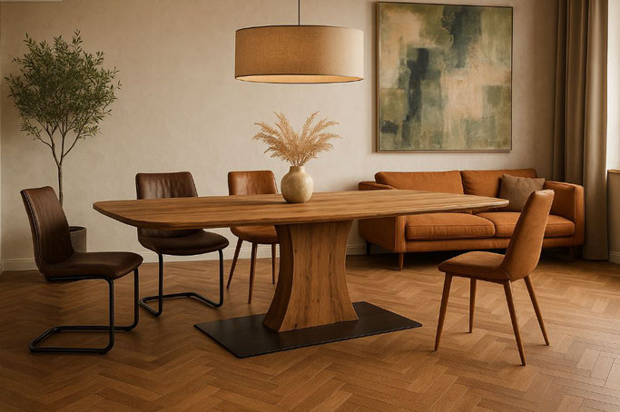 Design Esstisch Leo mit Facettenkante und Mittelfuß – massiv & modern – großes Produktbild