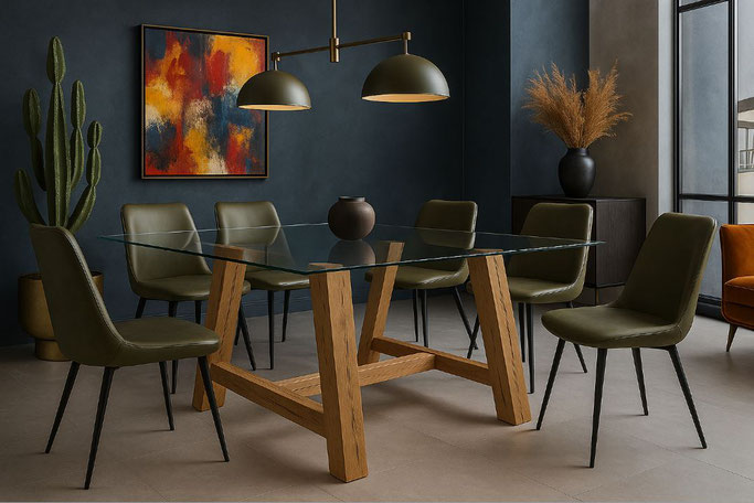 Design-Esstisch Louis mit transparenter Glasplatte und rustikalem Eiche-Gestell – modern inszeniert im hochwertigen Wohnambiente