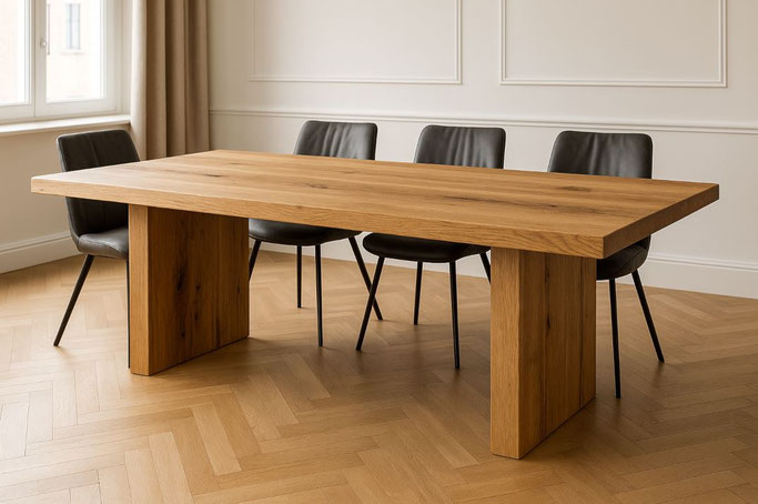 Esstisch Pino aus massiver Eiche mit breiten Wangen-Gestellen und gerader Tischkante in modernem Esszimmer