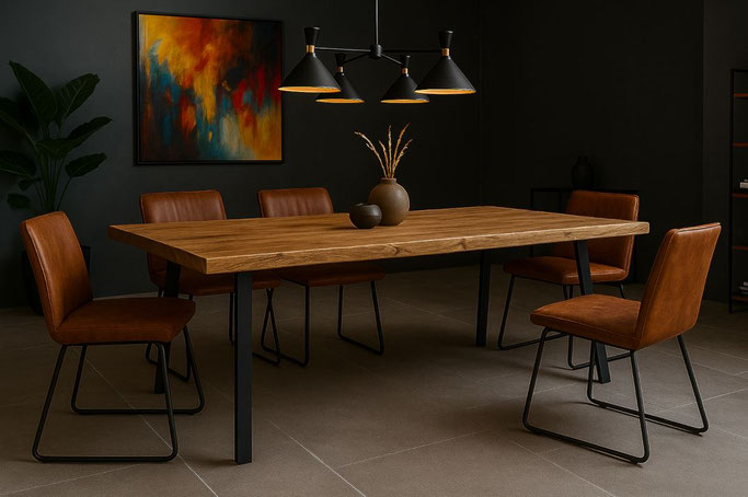 Esstisch Pepe aus massiver Eiche mit schrägen Metallbeinen im modernen Industrial-Design