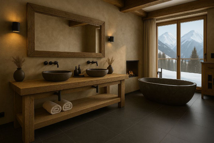 Doppelwaschtisch aus Altholz mit Naturstein in der Badsuite bei Zermatt – luxuriöse Schweizer Badgestaltung