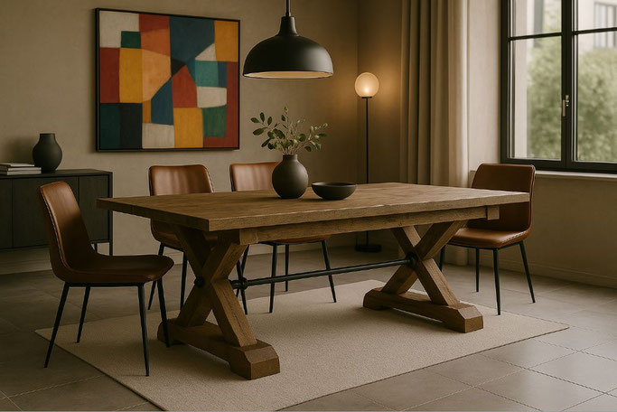 Klostertisch Marcello aus Eiche mit markanter Stahlverstrebung – Massivholz trifft modernes Design – großes Produktbild