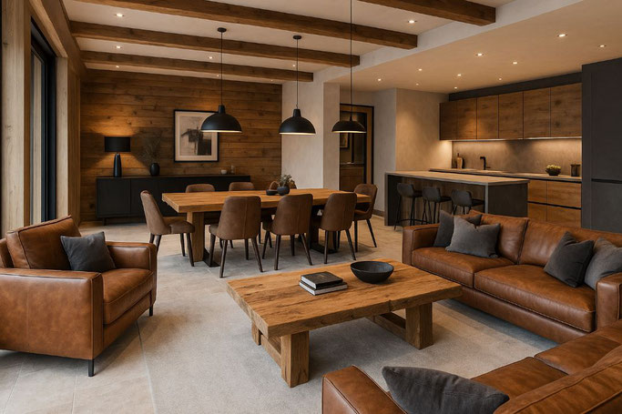 Moderner Essbereich mit Altholztisch, Ledermöbeln und offener Küche im österreichischen Loftambiente – stilvolles Interior Design