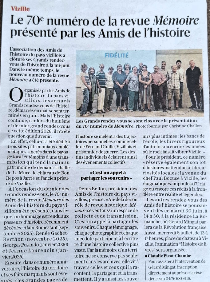 Dauphiné Libéré, Du Grésivaudan à l'Oisans, Vizille  édition du 29 juin 2026, article   Claudie Picot-Chambe