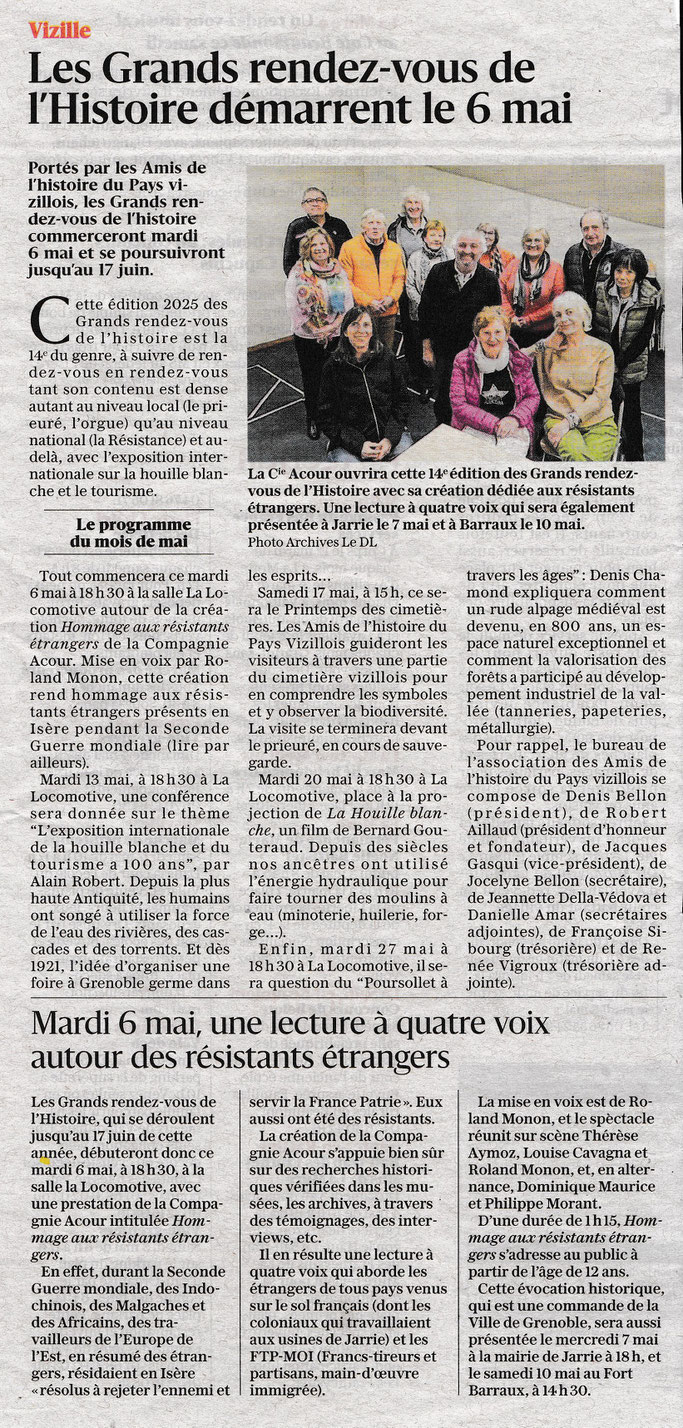 Dauphiné Libéré, Du Grésivaudan à l'Oisans, Vizille  édition du 02 mai 2025, article Claudie Picot-Chambe