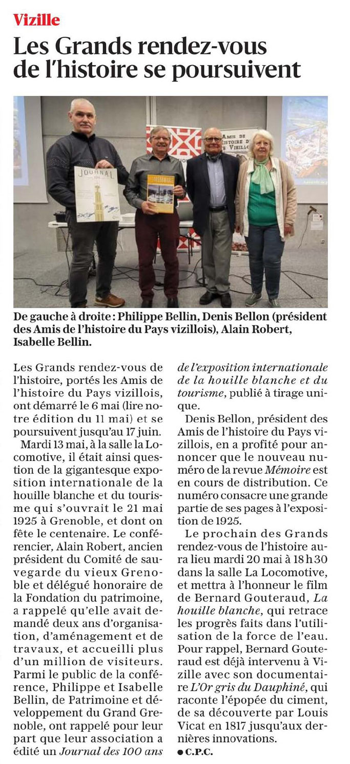 Dauphiné Libéré, Du Grésivaudan à l'Oisans, Vizille  édition du 18 Mai 2025, article et photo Claudie Picot-Chambe