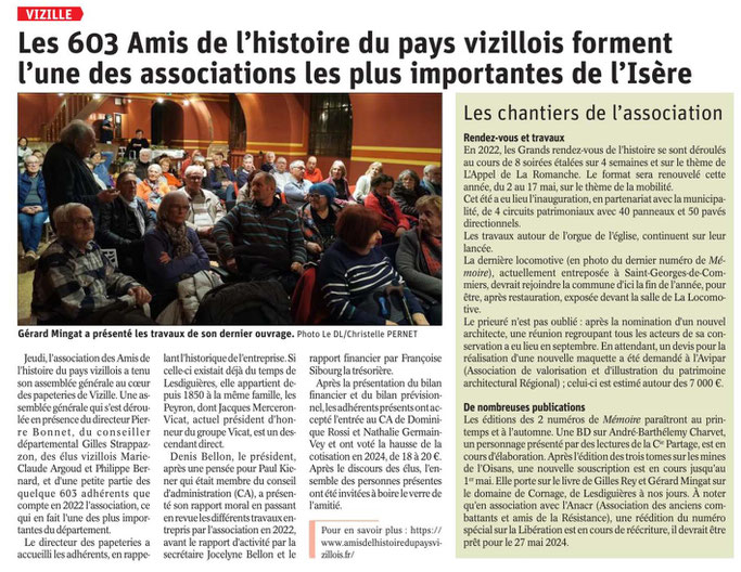 Dauphiné Libéré, Du Grésivaudan à l'Oisans, Vizille, édition du 27 février 2023 - Article et photo Chrystel Pernet