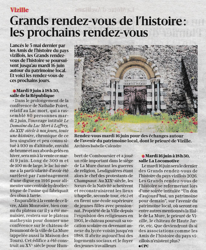 Dauphiné Libéré, Du Grésivaudan à l'Oisans, Vizille  édition du 08 juin 2026, article Claudie Picot-Chambe