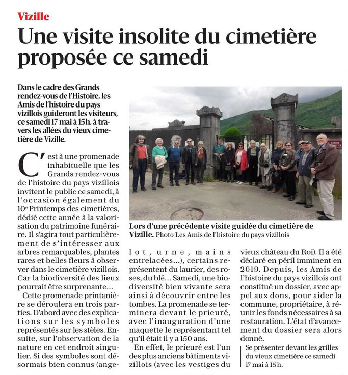 Dauphiné Libéré, Du Grésivaudan à l'Oisans, Vizille  édition du 16 mai 2025, article et photo Claudie Picot-Chambe