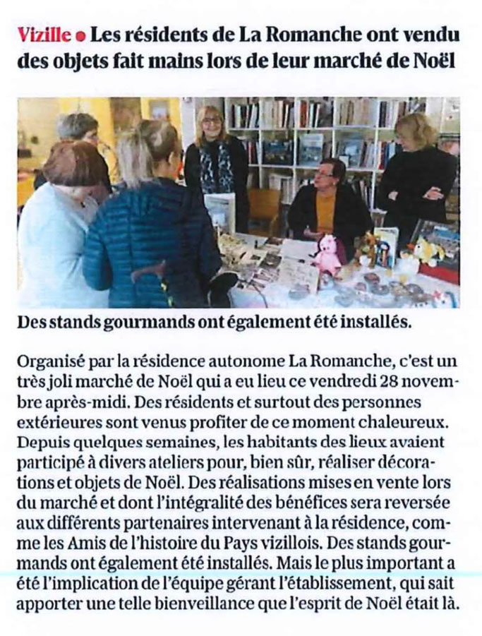 Dauphiné Libéré, Du Grésivaudan à l'Oisans, Vizille  édition du 1 décembre 2025, article Claudie Picot-Chambe, photo Jean-Pierre Picot
