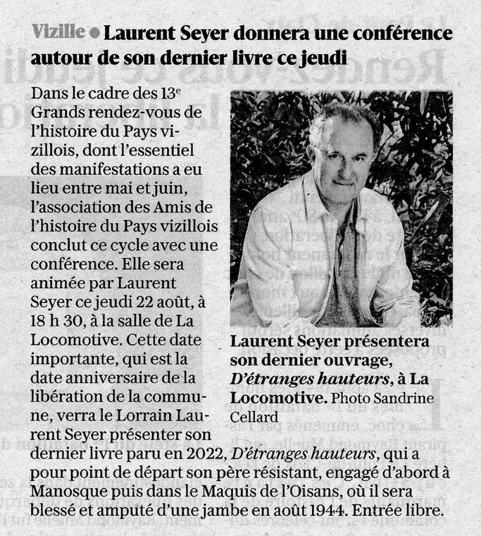 Dauphiné Libéré, Du Grésivaudan à l'Oisans, Vizille  édition du 19 août 2024.