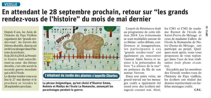 Dauphiné Libéré, Romanche & Oisans, Vizille édition du 25 juillet 2019. Article Claudie Picot Chambe