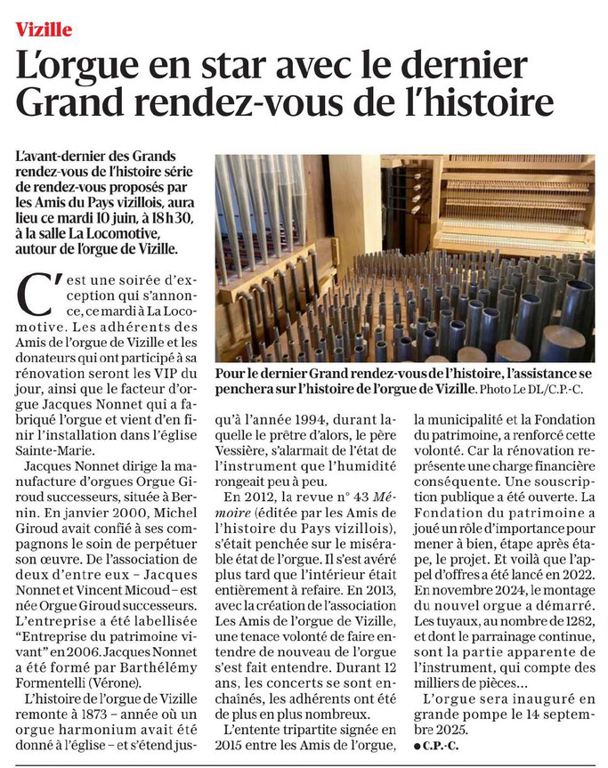 Dauphiné Libéré, Du Grésivaudan à l'Oisans, Vizille  édition du 08 juin 2025, article et photo Claudie Picot-Chambe