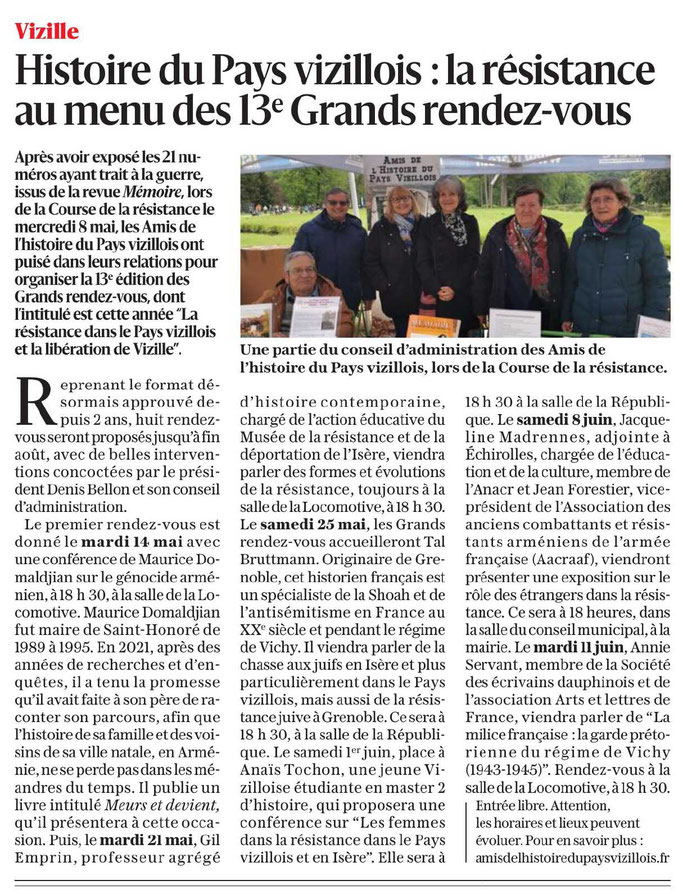 Dauphiné Libéré, du Grésivaudan à l'Oisans, Vizille édition du 13 mai2024, article et photo Chrystelle Pernet