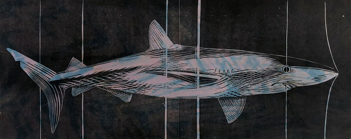 "Swim By or By Catch" - woodcut on shibori-dyed silk (alkanet and indigo) - 27" x 10" - 2020