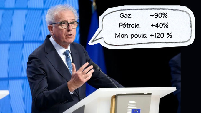 Photomontage de Pierre Gramegna lors d’une conférence du MES, avec une bulle humoristique mentionnant la hausse du gaz, du pétrole et son pouls.