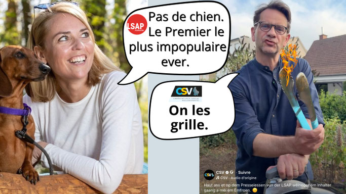 Image scindée en deux : Taina Bofferding avec son chien et une bulle sur le Premier ministre impopulaire ; à droite, Laurent Zeimet avec une pince à grillades et la bulle « On les grille ».