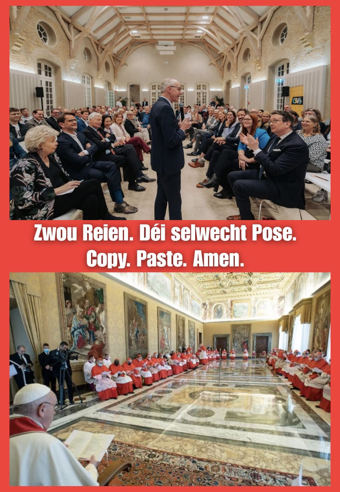 Satir: Géigeniwwerstellung vum CSV-Kongress a vum Konsistorium am Vatikan. Iwwerschrëft: Zwou Reien. Déi selwecht Pose. Copy. Paste. Amen.