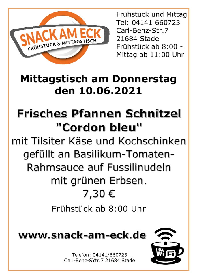 Mittagstisch am Donnerstag den 10.06.2021: Frisches Pfannen Schnitzel "Cordon bleu" mit Tilsiter Käse und Kochschinken gefüllt an Basilikum-Tomaten-Rahmsauce auf Fussilinudeln mit grünen Erbsen. 7,30 €