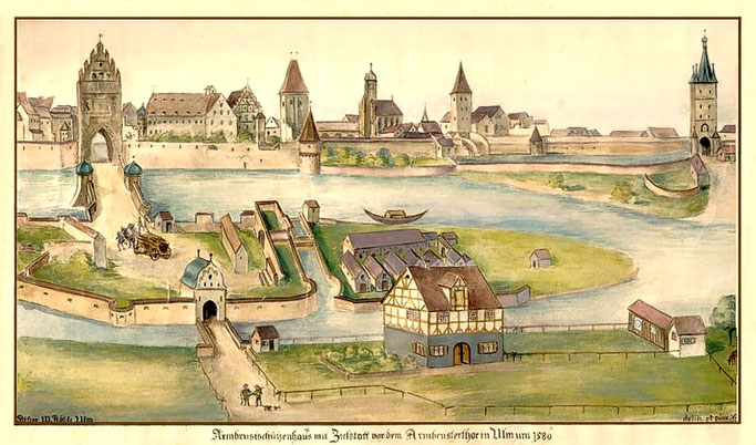 Ulm von Süden. Armbrustschützenhaus. Zustand um 1540, angefertigt um 1910. Aquarell. Signiert: "delin et pinx. St. Flock Ulm" (Stefan Flock 1870-1928). Ausschnitt einer um 1580 entstandenen kolorierten Tuschezeichnung. 