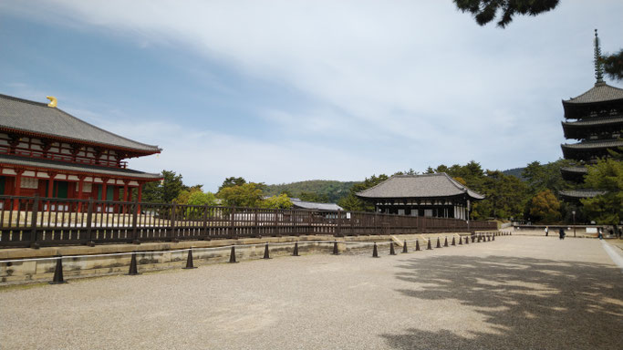 左から中金堂、東金堂、五重塔