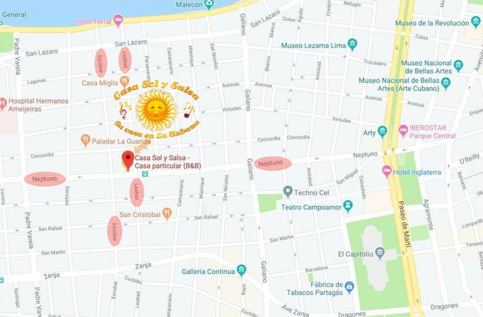 Location of Casa Sol y Salsa - Street Neptuno no. 558 first floor, between streets Escobar & Lealtad, Central Havana