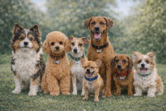 unterschiedliche Hunde - Elo, Pudel, Whippet, Chihuahua, Rhodesian Ridgeback, Dackel und Chibietzu sitzen bei wärmerem Wetter ohne Mantel auf einer Wiese 