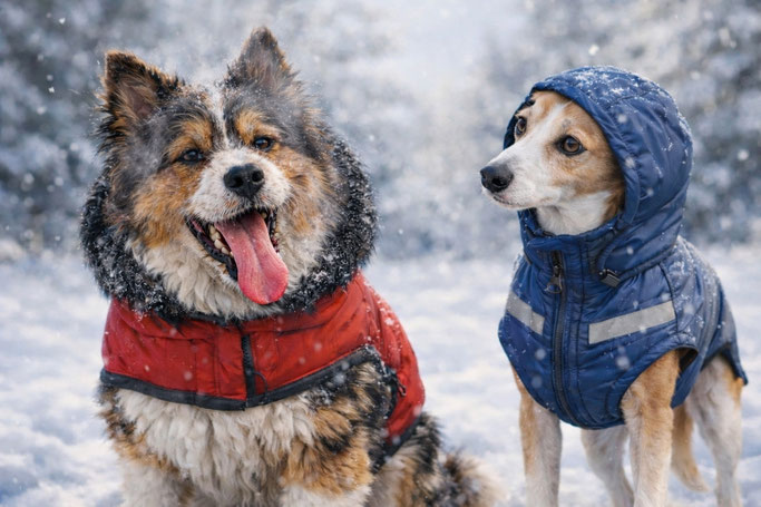 Ein Elo mit Mantel, dem im Winter damit viel zu warm ist, er hechelt wie verrückt. Der Windhund hingegen hat sogar noch eine Kapuze auf und fühlt sich wohl. 